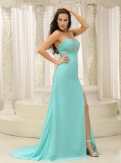 Prom Dress Beaded Decorate One Shoulder Ruched Bodice High Slit Custom Made