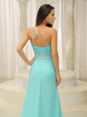 Prom Dress Beaded Decorate One Shoulder Ruched Bodice High Slit Custom Made
