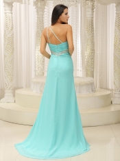 Prom Dress Beaded Decorate One Shoulder Ruched Bodice High Slit Custom Made