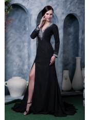 Prom Dress Black A-line V-neck Brush Train Chiffon Beading