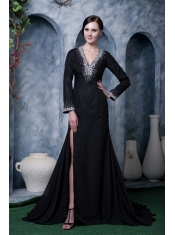 Prom Dress Black A-line V-neck Brush Train Chiffon Beading
