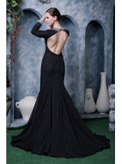 Prom Dress Black A-line V-neck Brush Train Chiffon Beading