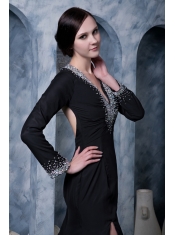 Prom Dress Black A-line V-neck Brush Train Chiffon Beading