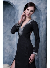 Prom Dress Black A-line V-neck Brush Train Chiffon Beading