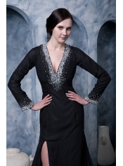 Prom Dress Black A-line V-neck Brush Train Chiffon Beading