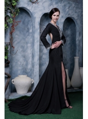 Prom Dress Black A-line V-neck Brush Train Chiffon Beading