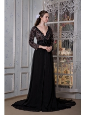 Prom Dress Black A-line V-neck Court Train Chiffon Beading