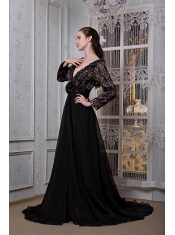 Prom Dress Black A-line V-neck Court Train Chiffon Beading