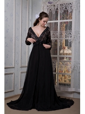 Prom Dress Black A-line V-neck Court Train Chiffon Beading