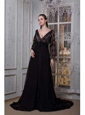 Prom Dress Black A-line V-neck Court Train Chiffon Beading