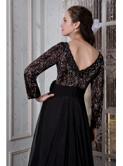 Prom Dress Black A-line V-neck Court Train Chiffon Beading