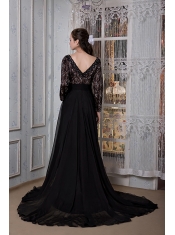 Prom Dress Black A-line V-neck Court Train Chiffon Beading