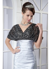 Prom Dress Black and Silver Column V-neck Mini-length Taffeta and Sequin