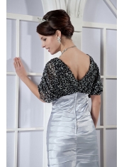 Prom Dress Black and Silver Column V-neck Mini-length Taffeta and Sequin