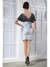 Prom Dress Black and Silver Column V-neck Mini-length Taffeta and Sequin