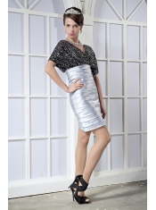 Prom Dress Black and Silver Column V-neck Mini-length Taffeta and Sequin