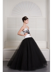 Prom Dress Black and White Ball Gown V-neck Floor-length Tulle Embroidery