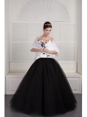 Prom Dress Black and White Ball Gown V-neck Floor-length Tulle Embroidery