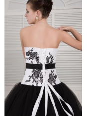 Prom Dress Black and White Ball Gown V-neck Floor-length Tulle Embroidery