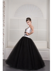 Prom Dress Black and White Ball Gown V-neck Floor-length Tulle Embroidery