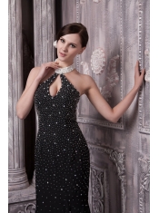 Prom Dress Black Column Halter Brush Train Elastic Woven Satin Beading