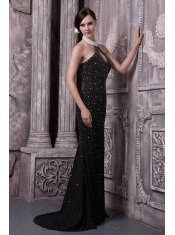 Prom Dress Black Column Halter Brush Train Elastic Woven Satin Beading