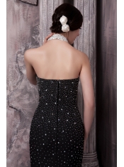 Prom Dress Black Column Halter Brush Train Elastic Woven Satin Beading