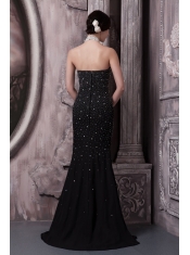 Prom Dress Black Column Halter Brush Train Elastic Woven Satin Beading
