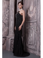 Prom Dress Black Column Halter Brush Train Elastic Woven Satin Beading