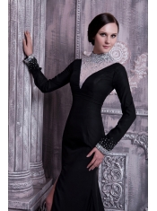 Prom Dress Black Column High-neck Brush Train Chiffon Beading