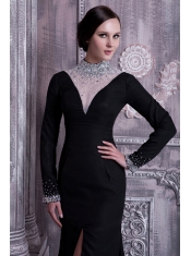 Prom Dress Black Column High-neck Brush Train Chiffon Beading