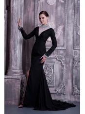 Prom Dress Black Column High-neck Brush Train Chiffon Beading