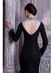 Prom Dress Black Column High-neck Brush Train Chiffon Beading
