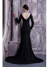Prom Dress Black Column High-neck Brush Train Chiffon Beading