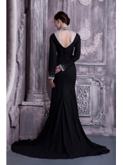 Prom Dress Black Column High-neck Brush Train Chiffon Beading