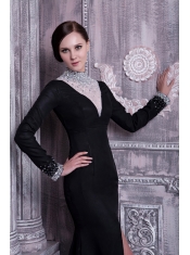 Prom Dress Black Column High-neck Brush Train Chiffon Beading