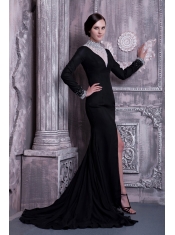 Prom Dress Black Column High-neck Brush Train Chiffon Beading