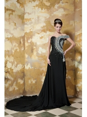 Prom Dress Black Column One Shoulder Chapel Train Chiffon Beading