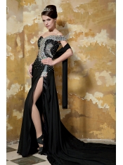 Prom Dress Black Column One Shoulder Chapel Train Chiffon Beading
