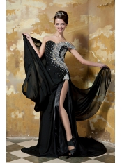Prom Dress Black Column One Shoulder Chapel Train Chiffon Beading