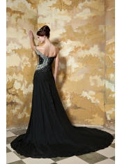 Prom Dress Black Column One Shoulder Chapel Train Chiffon Beading