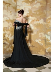 Prom Dress Black Column One Shoulder Chapel Train Chiffon Beading