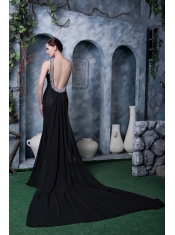 Prom Dress Black Column Scoop Watteau Train Chiffon Beading