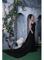 Prom Dress Black Column Scoop Watteau Train Chiffon Beading