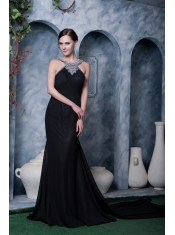 Prom Dress Black Column Scoop Watteau Train Chiffon Beading