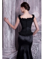 Prom Dress Black Column Straps Brush Train Elastic Woven Satin Beading