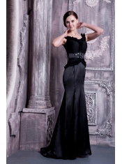 Prom Dress Black Column Straps Brush Train Elastic Woven Satin Beading