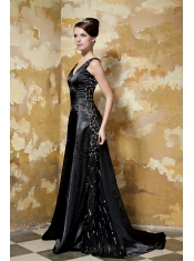 Prom Dress Black Column V-neck Brush Train Taffeta Sequins