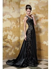 Prom Dress Black Column V-neck Brush Train Taffeta Sequins