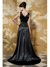 Prom Dress Black Column V-neck Brush Train Taffeta Sequins